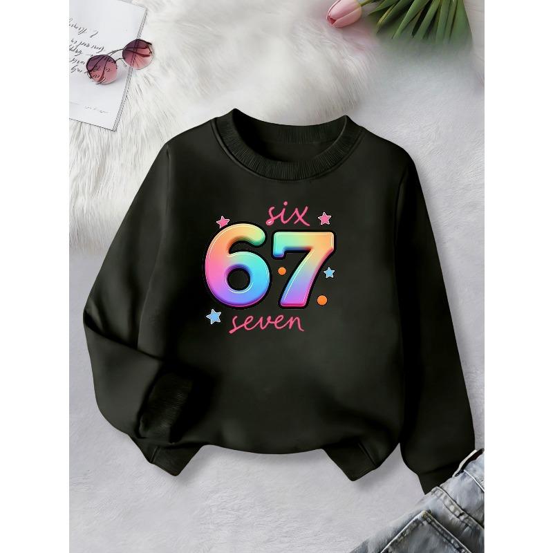 Birthday Kids Sweatshirt Over 4Y Unisex Boys Girls Rainbow Gradient 67 SIX SEVEN Star Graphic Red Crewneck Soft Fleece Pullover For 4-12 Children