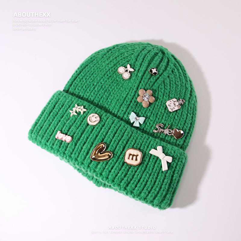 New Autumn and Winter Hat Women's Multi Button Thick Thread Knitted Woolen Hat Warm Ear Protection Bag Head Hat Pullover Cold Hat