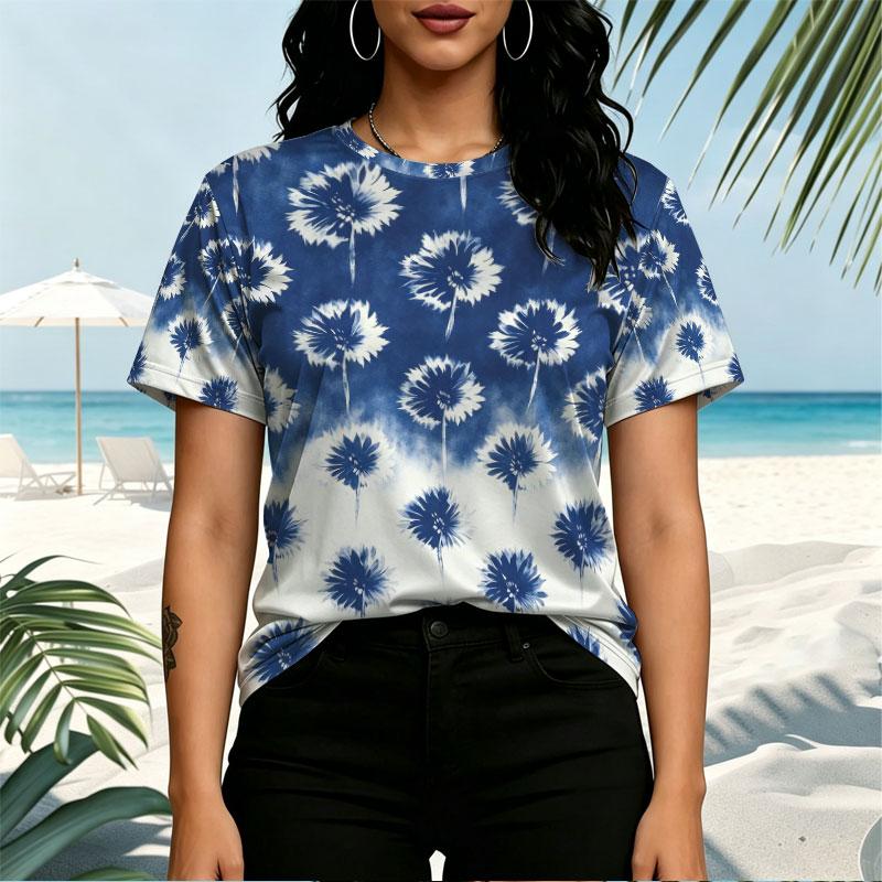 Women's Minimalist Blue & White Flower Print Short Sleeve T-Shirt Soft Loose Fit Summer Top, Versatile for Casual & Date Looks