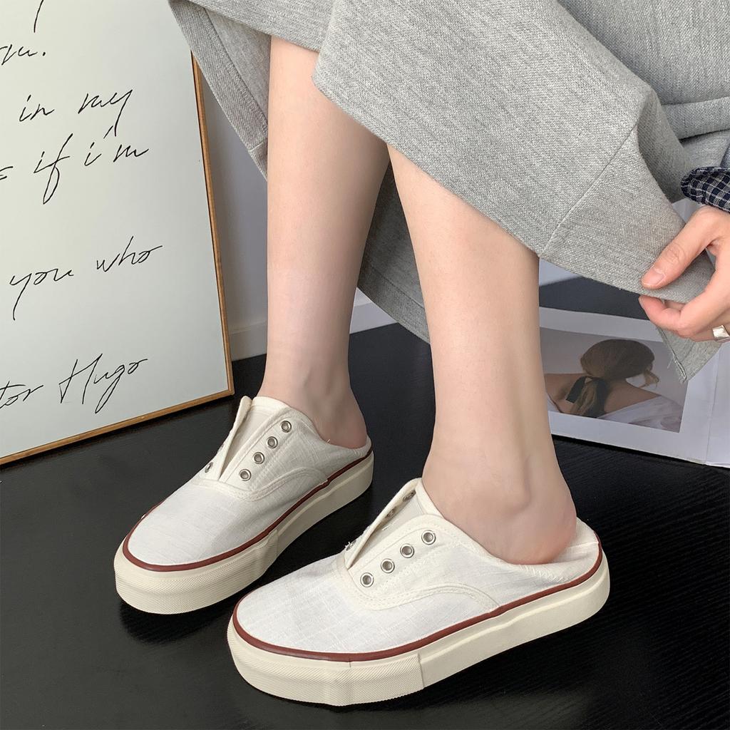 High-quality Breathable Linen Canvas Shoes Women's 2025 Summer New Thick-soled Gas-eyed Lazy Shoes One-pedal Casual Board Shoes