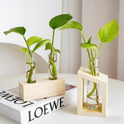 Desktop Hydroponic Plant Glass Test Tube Vase Wooden Flower Stand Creative Home Decoration Flower Arrangement Container Ornament