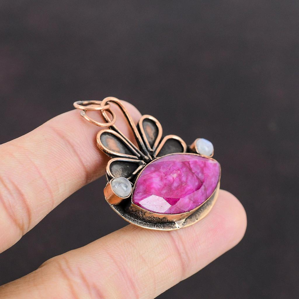 Faceted Kashmir Ruby Pendant Rainbow Moonstone Pendant Copper Pendant Amazing Pendant Gemstone Pendant Handmade Jewelry Gift For Engagement