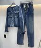 Europäischer Bahnhof Herbst neues altersreduzierendes Denim-Zweiteiler-Set Damen trendige Marke lockeres Oberteil Wide-Leg Bodenlange Hose grenzüberschreitend