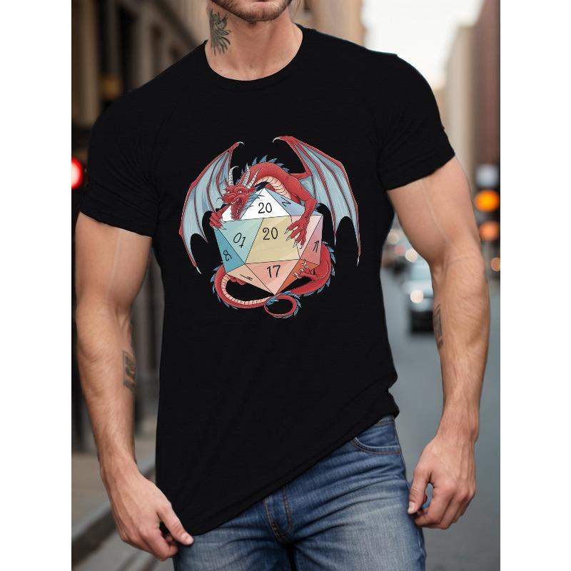

European sizes Men S T-Shirt with Red Dragon & D20 Graphic - Casual Crew Neck, Slight Stretch, Knit Fabric, Summer Short Sleeve Tee for Adult 2XL чорний