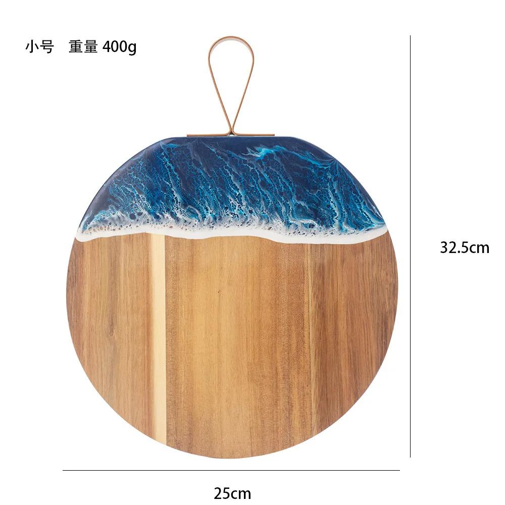 Wood and Resin Cutting Board Blue Ocean Wave Charcuterie Boards for Meat Round Epoxy Resin Wood Chopping Board Bread Cheese Tray