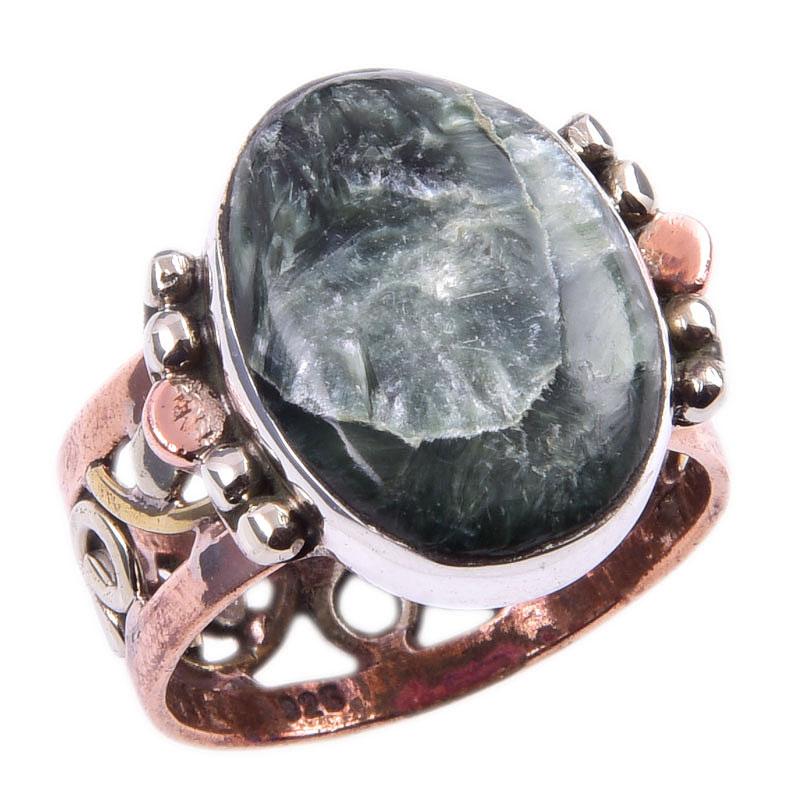 Natural Seraphinite Gemstone Handmade 925 Sterling Silver Two Tone Ring S.7 L4Y50