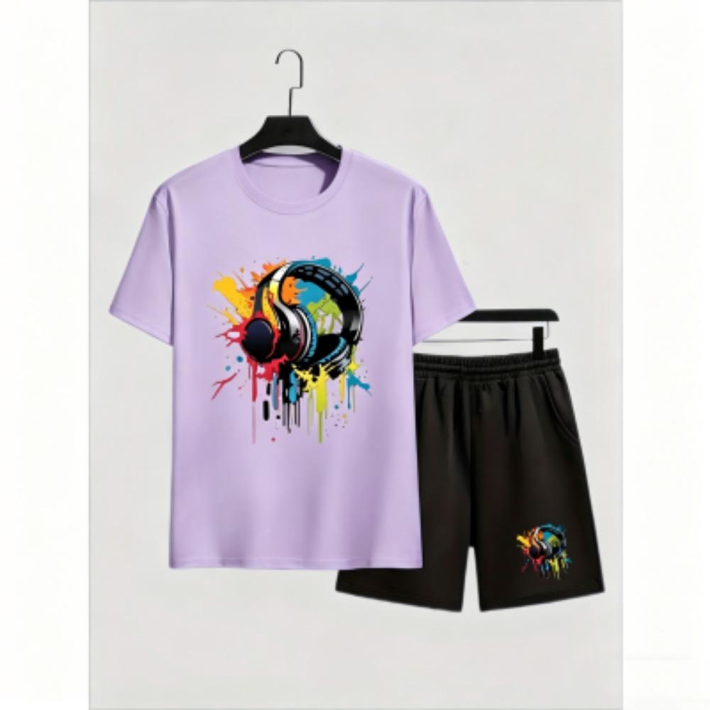 Fashion Men's T-shirt Shorts Set Color Headphones Printed Short Sleeve Tops Shorts 2pcs Summer Men Women's Outdoor Casual T-shirt Sets