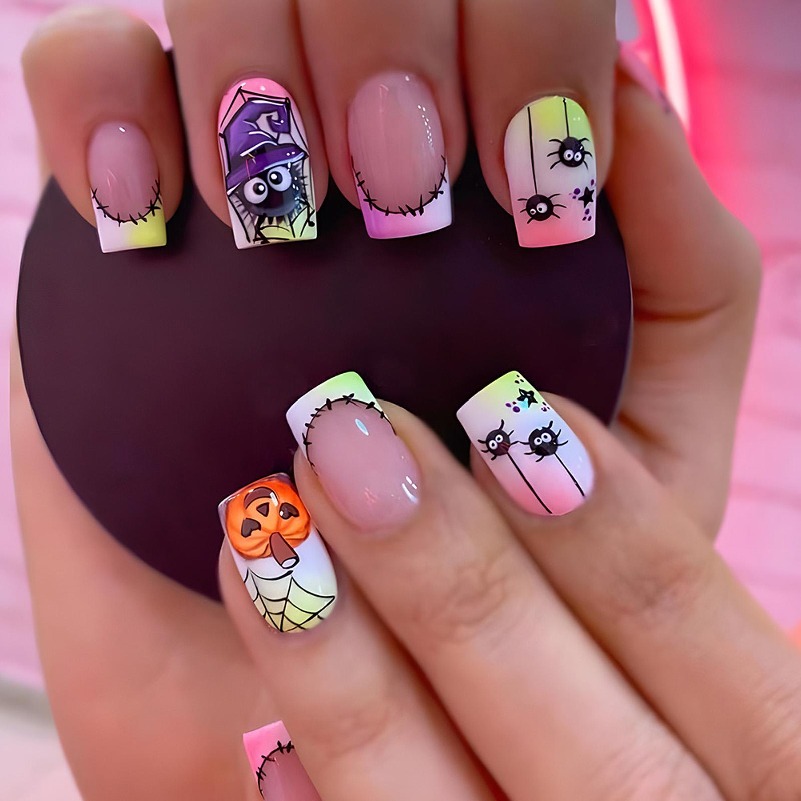 

24 шт. Хэллоуин Накладные ногти квадратные акриловые ногти паук накладные ногти наклейки для ногтей полное покрытие накладные ногти