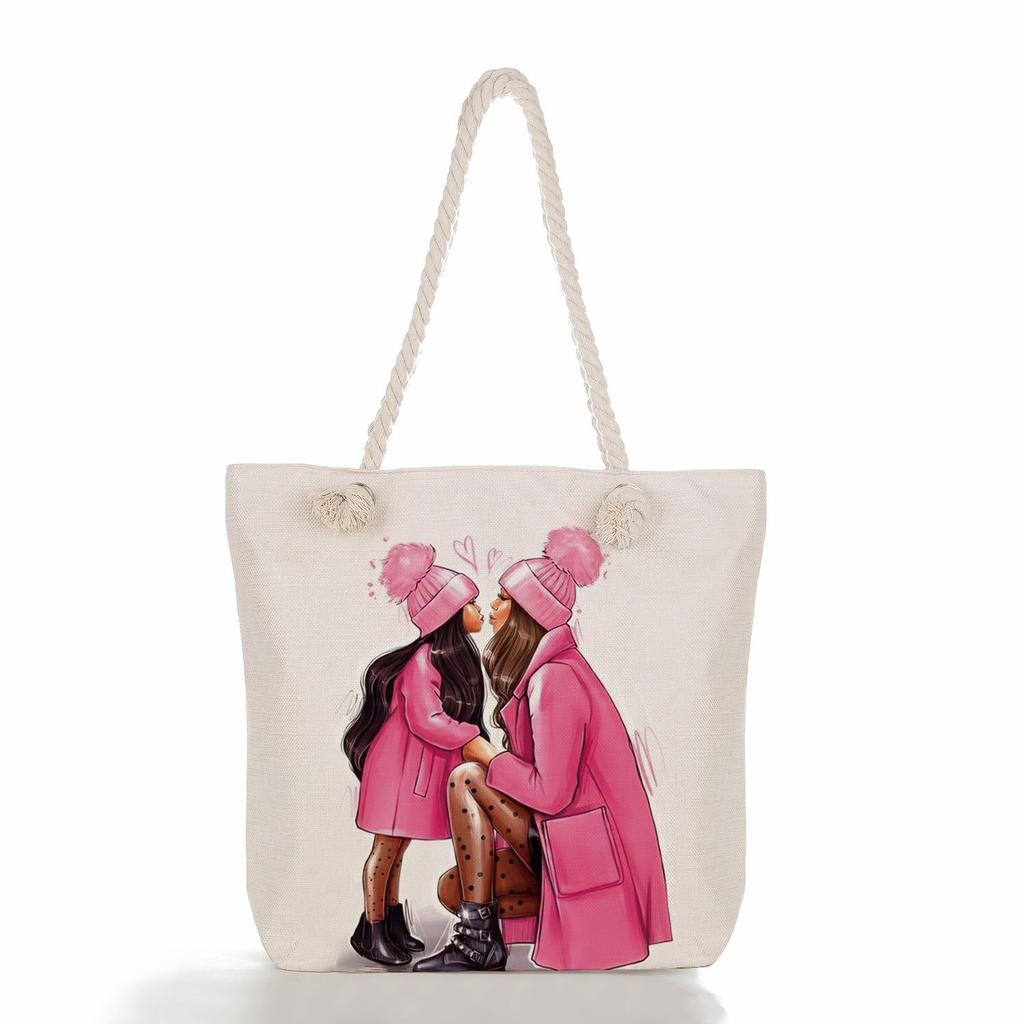 Multifunctional Mom Series Printed Thick Rope Shoulder Beach Bag Casual Large Capacity Handbag 7617