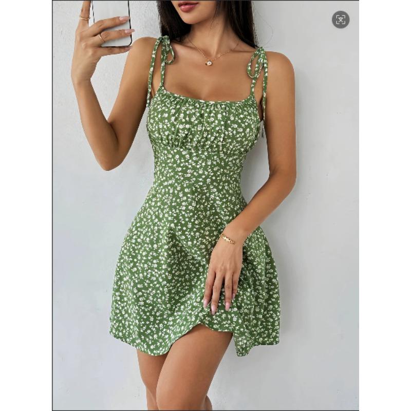 Mini abito estivo casual da donna con stampa floreale Ditsy, spalline con nodo, scollo quadrato, arricciato
