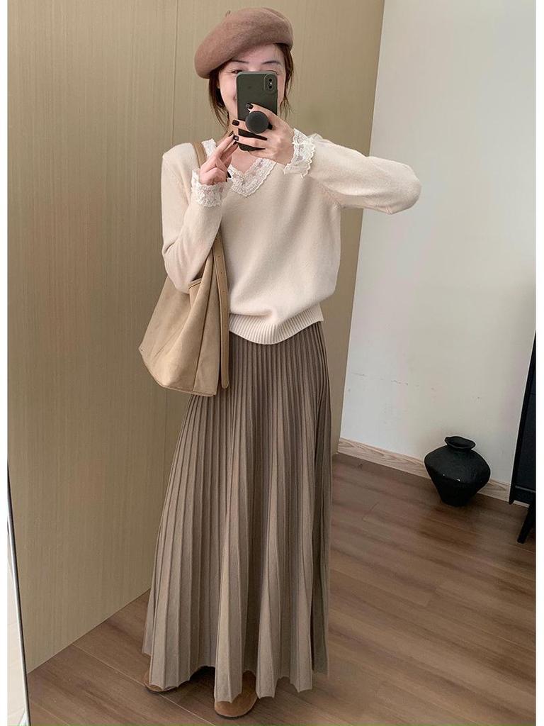 2025 Winter Women's High-Waisted Pleated Knit Midi Skirt - Korean Style, Versatile & Casual