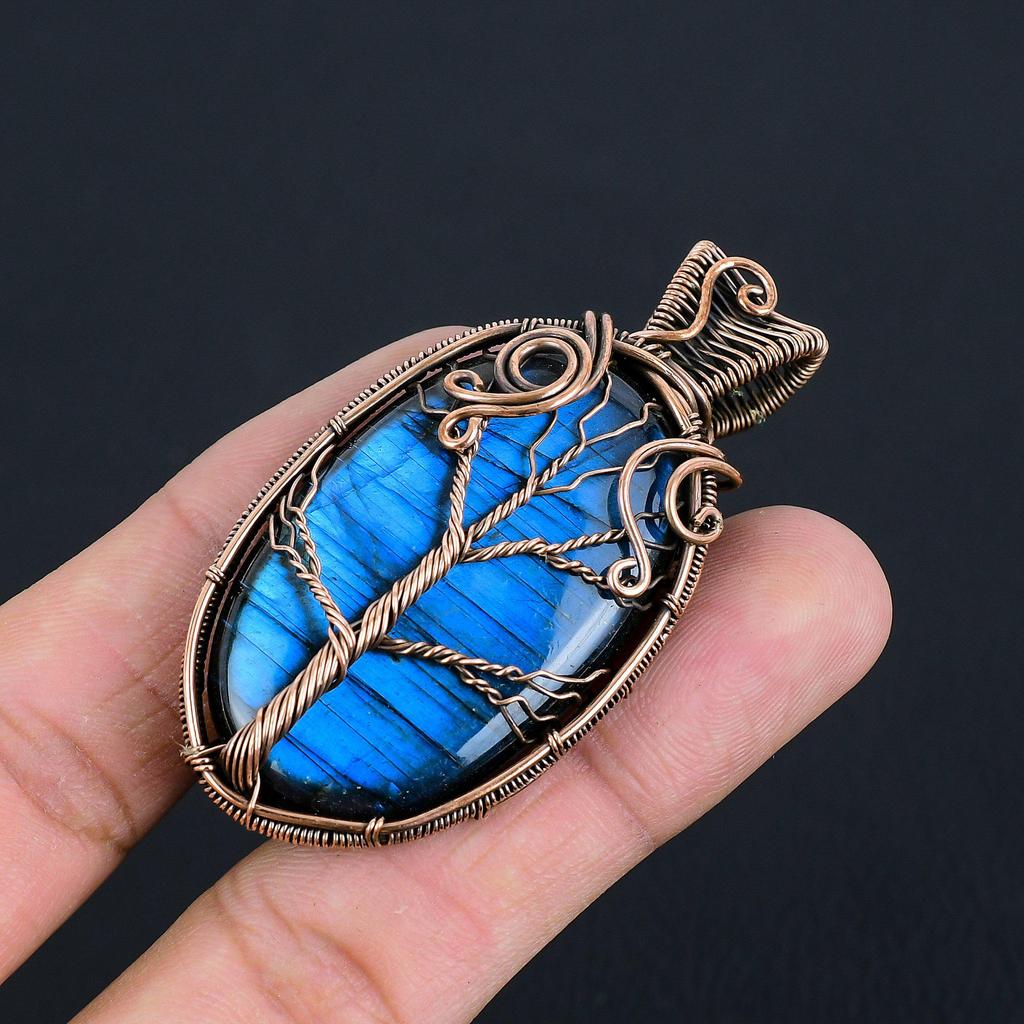 Natürlicher Lebensbaum-Anhänger aus blauem Feuer-Labradorit-Edelstein | Mit oxidiertem Kupferdraht umwickelt | Halskettenanhänger | Kupferschmuck für Sie/Ihn