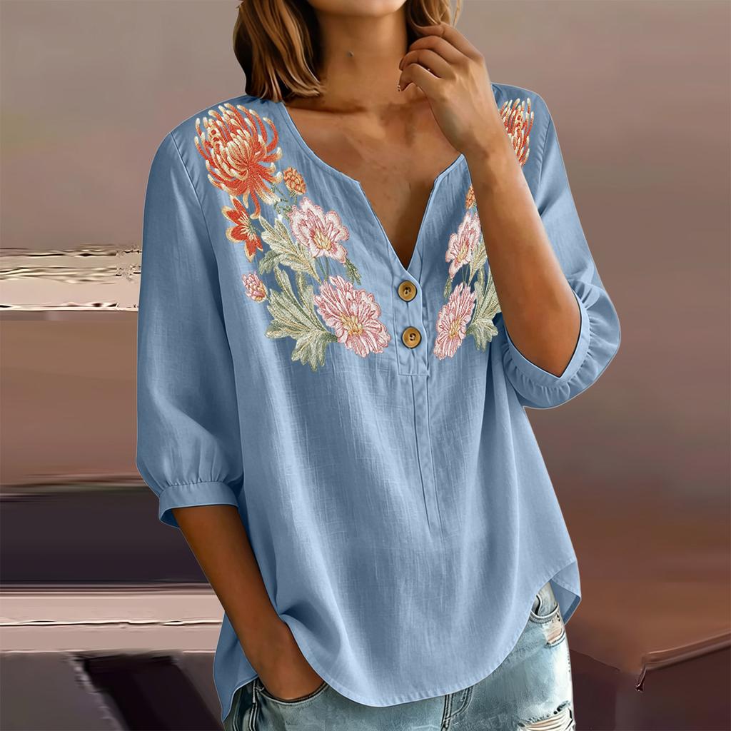 Damen Blumenstickerei Henley-Kragen Knopfleiste Hemd Dreiviertelarm Baumwolle Leinen Oberteil Lässige Bluse