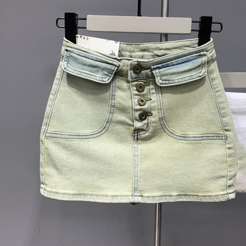 Spice girl sexy high waist hip-wrapped denim skirt women s elastic tight American retro niche denim skirt S