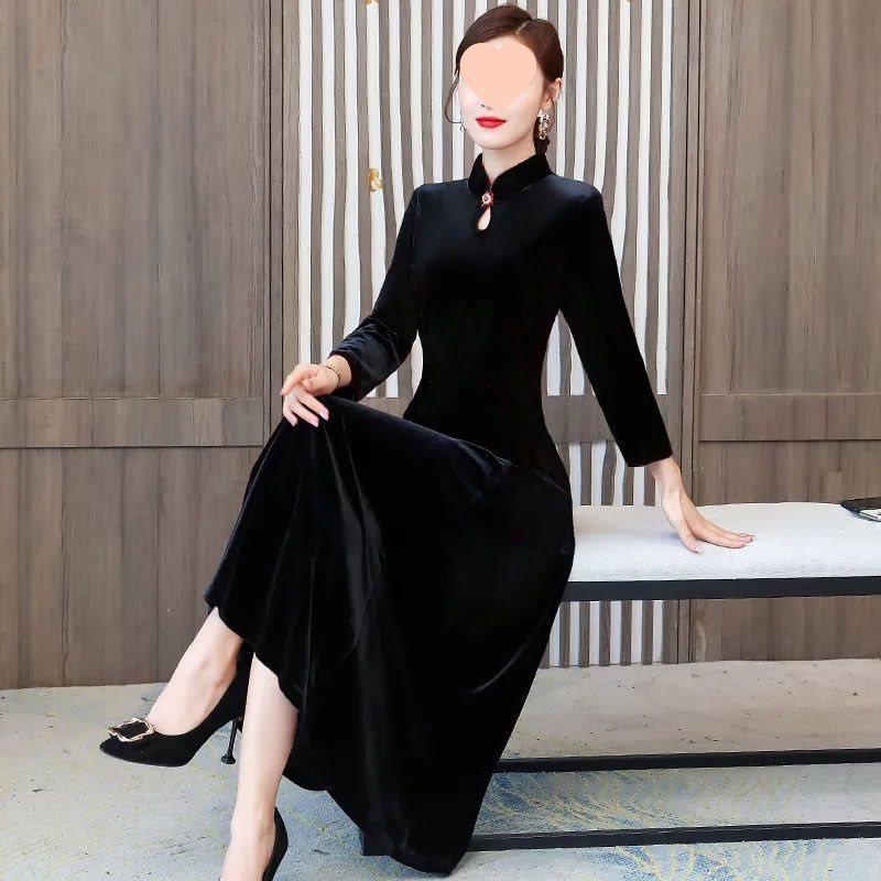 Gold Velvet Long Sleeve Cheongsam Dress - Elegant Over-Knee Slimming Gown for Spring, Autumn, and Winter