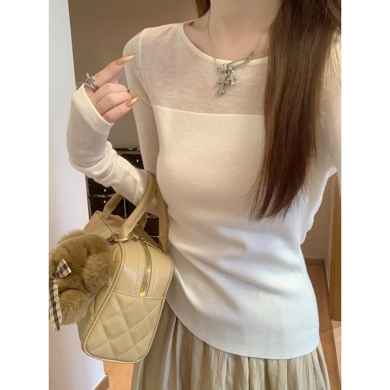 White semi-perspective splicing bottoming shirt women's pure desire soft waxy inner sweater slim wool knitted top