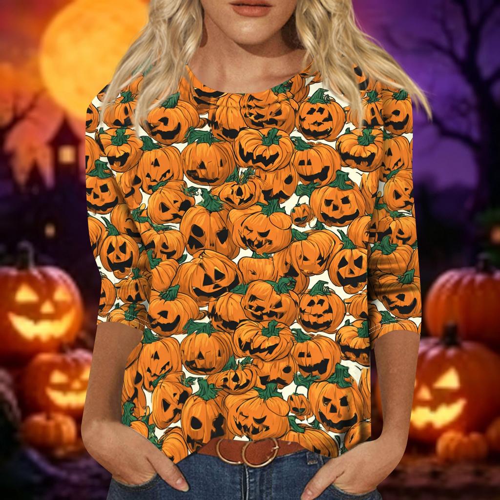Women's Casual Halloween Print 3/4 Sleeve Round Neck Top for Holiday Party