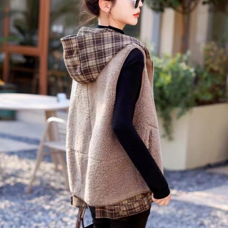 Lamb Wool Vest Women's Spring and Autumn Loose Plaid Hooded Stitching Sleeveless Vest Outer Jacket Women