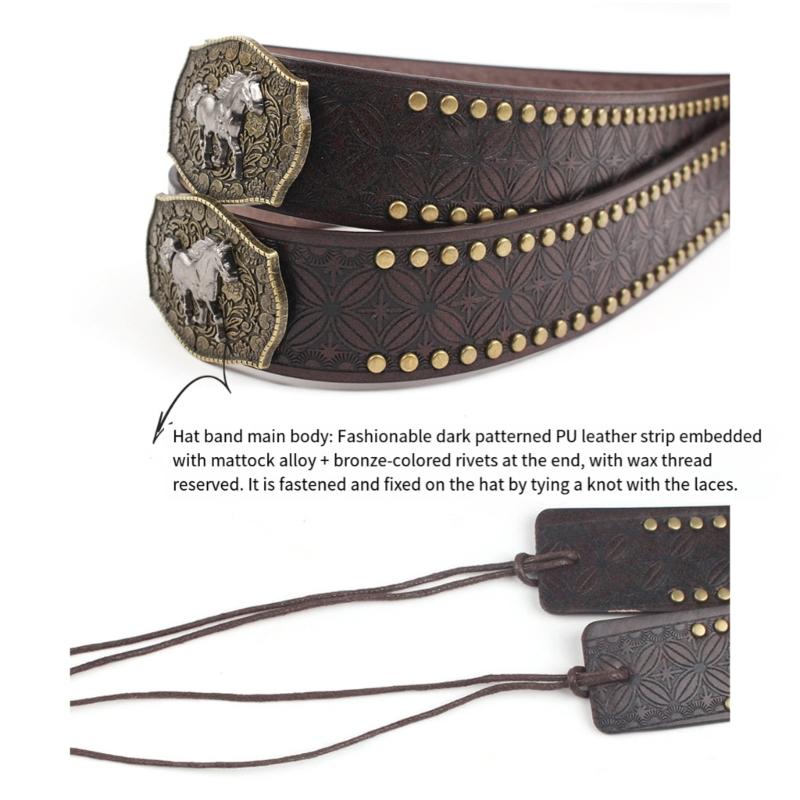 Adjustable PU Hat Band With Metal Rivet Studs Embossed Pattern For Western Costume And Everyday Wear Hat Decoration