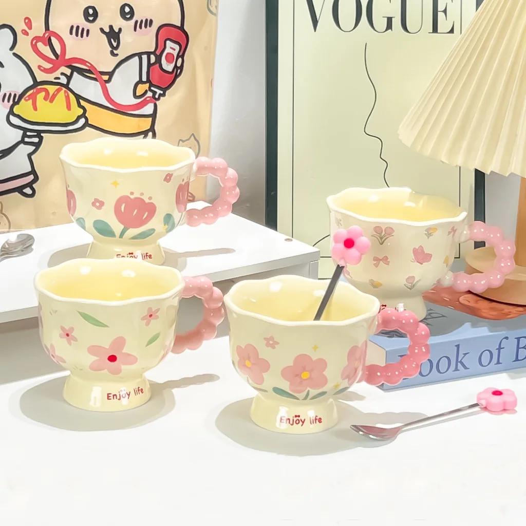Girls Birthday Gift Ceramic Coffee Mug Creative Flower Design High Value Household Cup