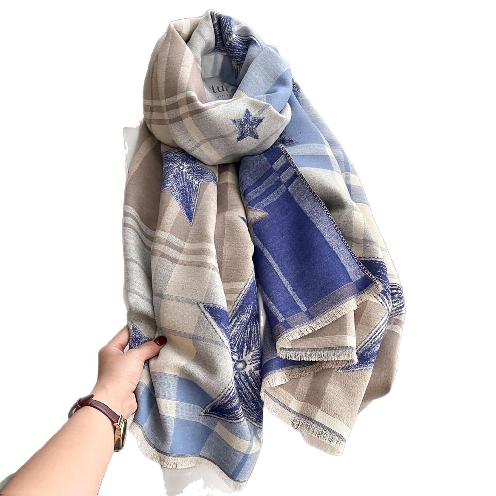 Plaid Five-pointed Star Scarf for Women, Autumn/winter Cashmere Shawl, Double-sided Two-tone Tassel Trim, Vintage Color-block Jacquard