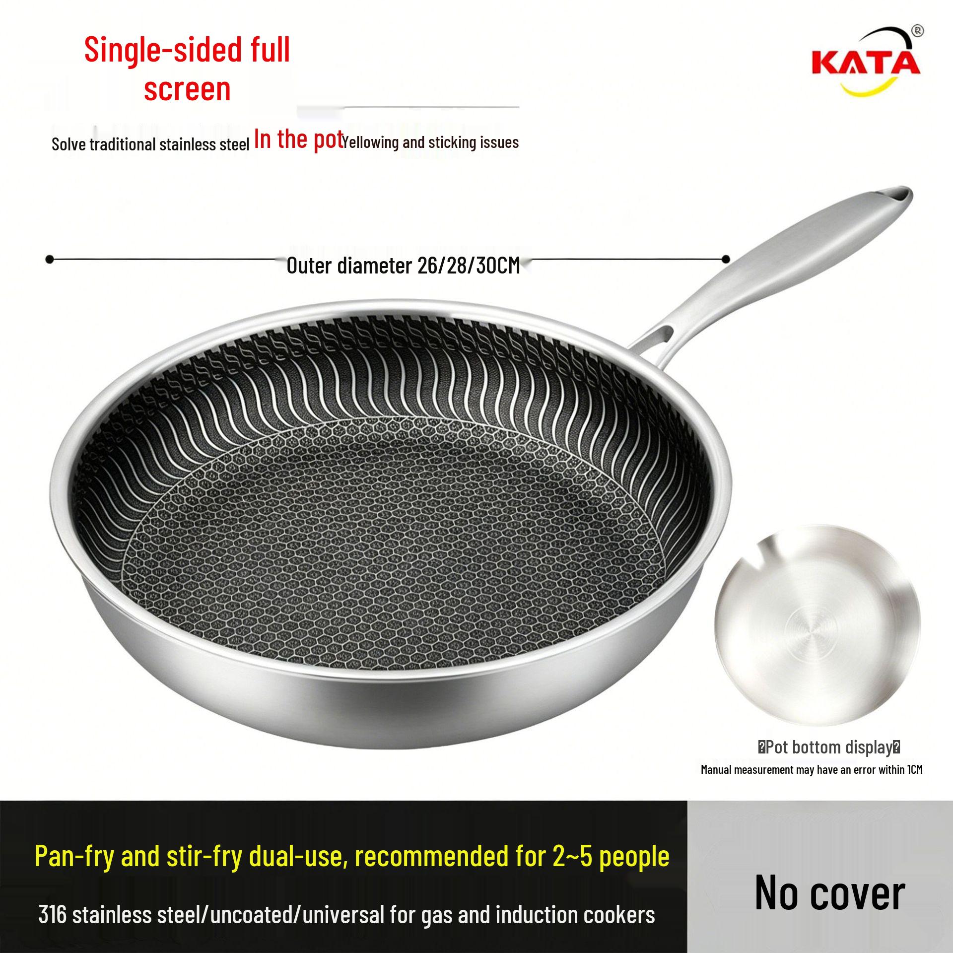 

316L Stainless Steel Frying Pan for Home Use, Flat Bottom, Non-Coated, Ideal for Steak and Fried Eggs, Compatible with Induction and Gas Stoves Diameter 26cm