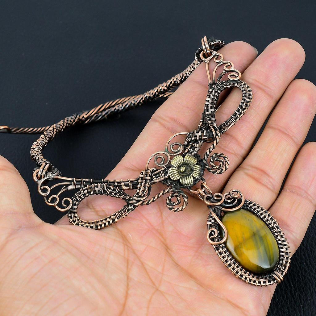 Blue Tiger's Eye Necklace, 999 Copper Wire Wrapped Jewelry, Gemstone Jewelry Adjustable Chain Necklace, Handmade Wedding Gift Jewelry