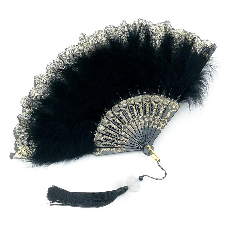 White Feather Fan Full Velvet Thickening Cheongsam Catwalk Folding Fan Yudi Boutique Night Shanghai Chinese Ancient Style Dancing Folding Fan Female