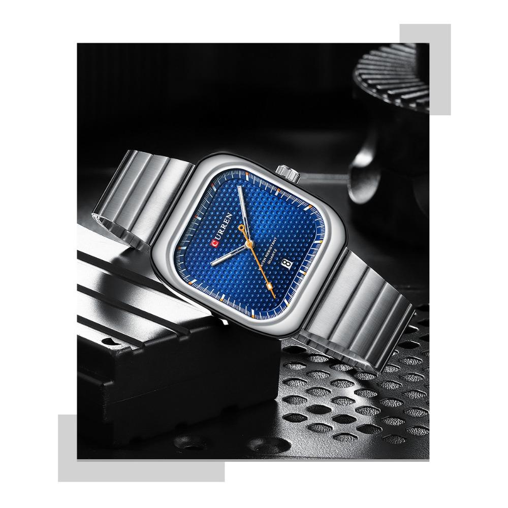CURREN Simple Business Square Quartz Watches Casual Stainless Steel Bracelet Wristwatch with Auto Date for Men