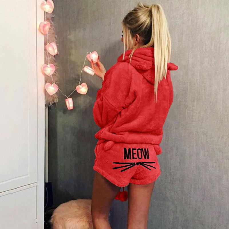 Dámská móda Jednobarevná teplá zimní pyžamová souprava Dvoudílné roztomilé kočičí pyžamo s kapucí Noční oblečení plus size S-5XL