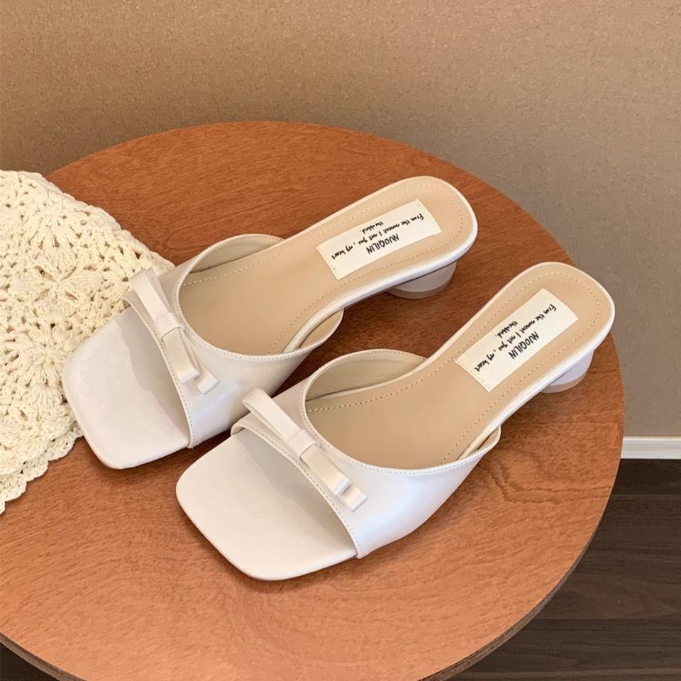 French gentle fairy one-word slippers female 2025 summer wear new bow thick heel sandals high heel sandals