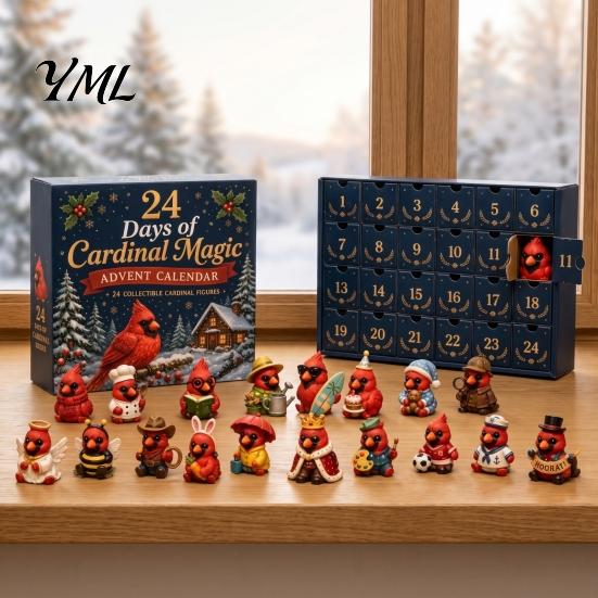 Christmas Desk Decor Red Bird Advent Calendar, 24 Unique Miniature Tree Hanging Ornaments Figurines, for Holiday Gifts Calendar Collectors