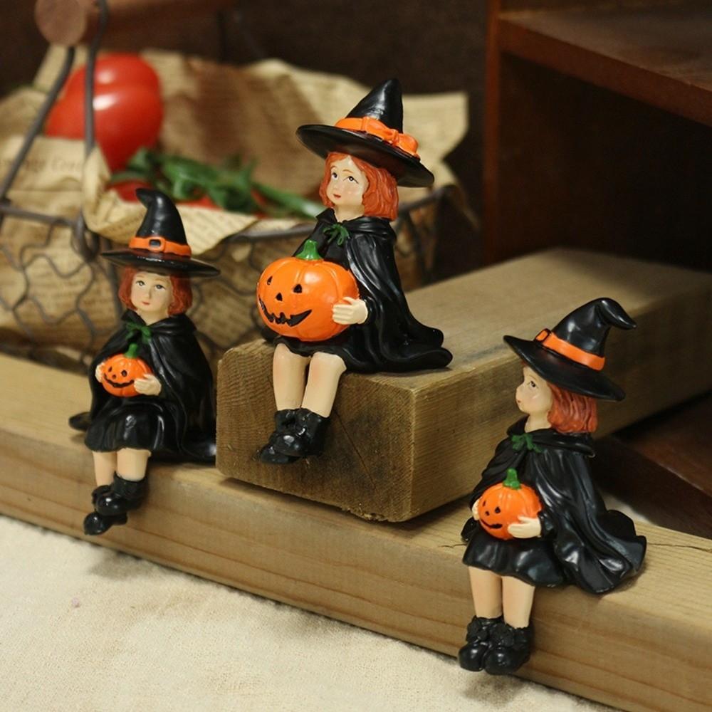 3pcs Resin Crafts Witch Holding Pumpkin Statue Cute Witch Ornament Pumpkin Witch Figurine  Fireplace