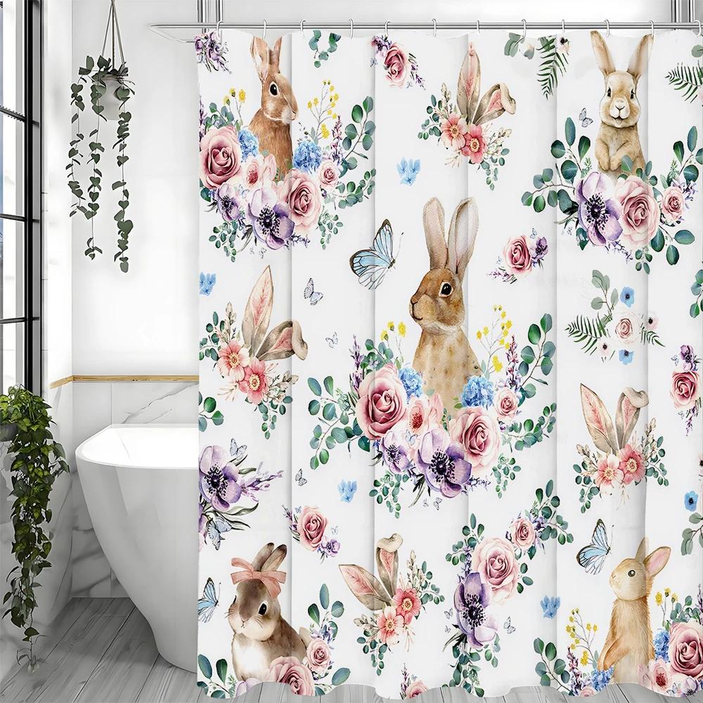 

Cute Bunny Shower Curtain, Cute, Floral, Butterfly, Spring Bathroom Decorative Shower Curtain, Waterproof Shower Curtain With Ho W60H190(CM)-1 Pcs
