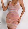 Knit Striped Backless Colorful Dress Women Casual Summer Holiday Package Hip S-L