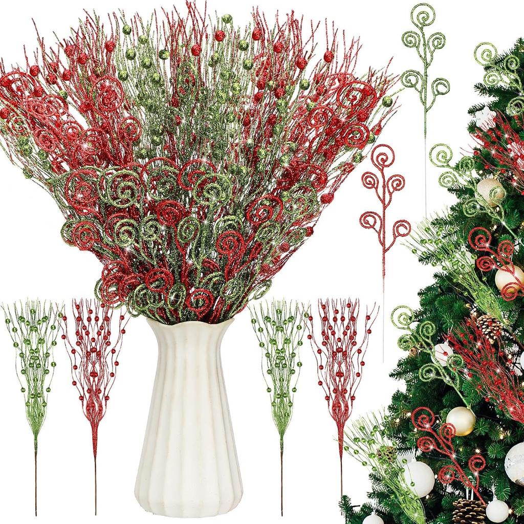 36 Pcs Black White Christmas Tree Picks, 17'' & 12'' Glitter Berry Branches for Wreath, Vase, Home Decor