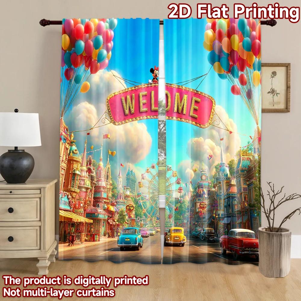2D flat printing 2pcs Curtains Carnival Ferris Wheel Welcome Balloons Digital Printed Polyester Drapes Party Decorations Use for