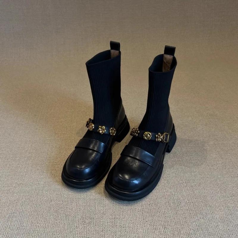 Fashion Elastic Knitted Short Boots Women's Round Toe Thick Bottom Metal Buckle Retro College Style Autumn Winter Fashion Casual Boots