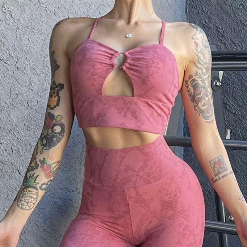 

Fashion Snake Leopard Print Exercise Workout Outfit Bra Shoulder Straps Intimates Female Yoga High Waist Two-Piece Suit Quick-Drying High Elastic Peach pollen Tops L
