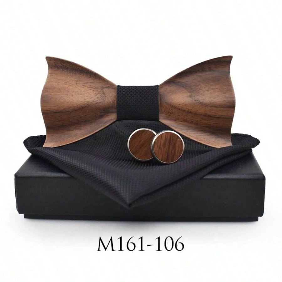 Ensemble nœud papillon classique en bois à relief 3D, carré de poche à carreaux, boutons de manchette, ensemble décontracté en bois massif protection de l'environnement brown
