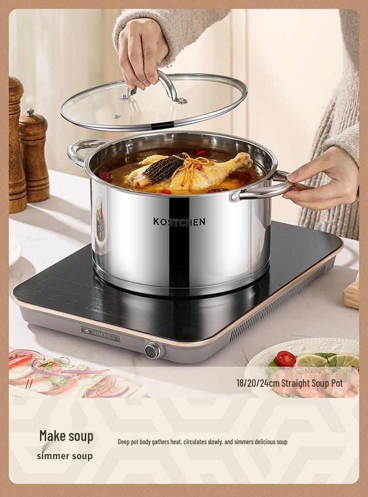 10-Piece Stainless Steel Cookware Set: Frying Pan, Milk Pot, and Double-Bottom Soup Pot.