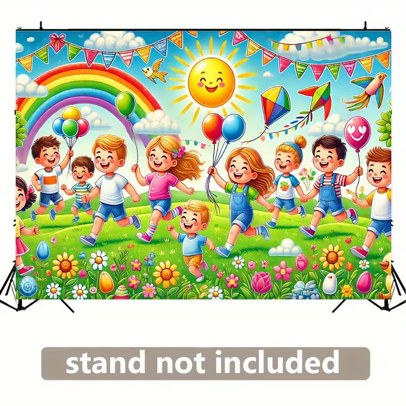 2D Happy Kids Playing with Rainbow Backdrop Party Photo Background Cloth