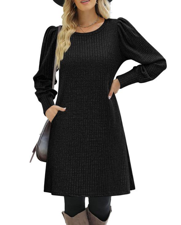 European & American Fashion Knitted Puff Sleeve Dress - Women's Autumn/Winter Casual Loose Fit with Pockets