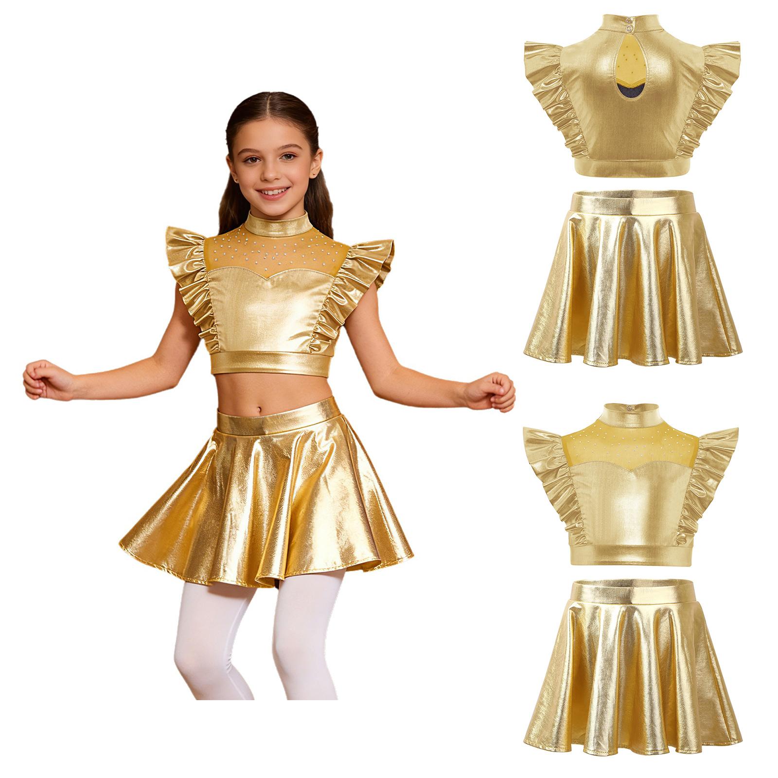 

Children‘s Jazz Dance Performance Set Rhinestone Embellished Mock Neck Sleeveless Crop Top Metallic Ruffle Hem and Stretchy Waist Shiny A-Line Skirt 5-6 Years золотой