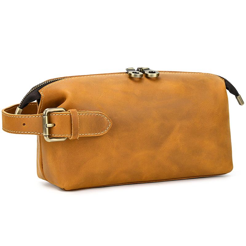 Vintage Men's Genuine Leather Clutch Bag Brown Cow Leather Storage Bag Travel Toiletry Kits Wash Bag Genuine Leather Men Women