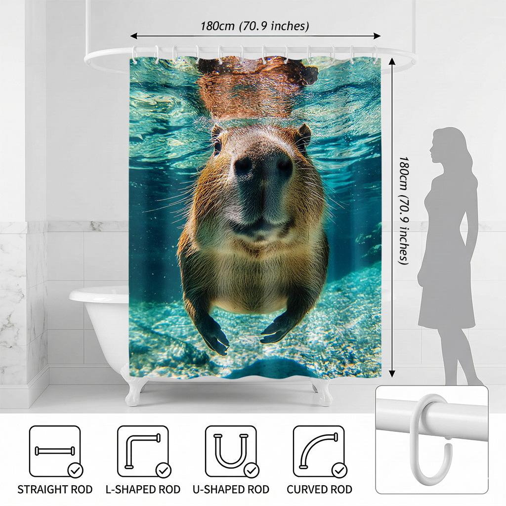 Funny Underwater Capybara Shower Curtain, Cute Animal Swimming Art, Bubbles & Blue Ocean Aesthetic Bathroom Decor