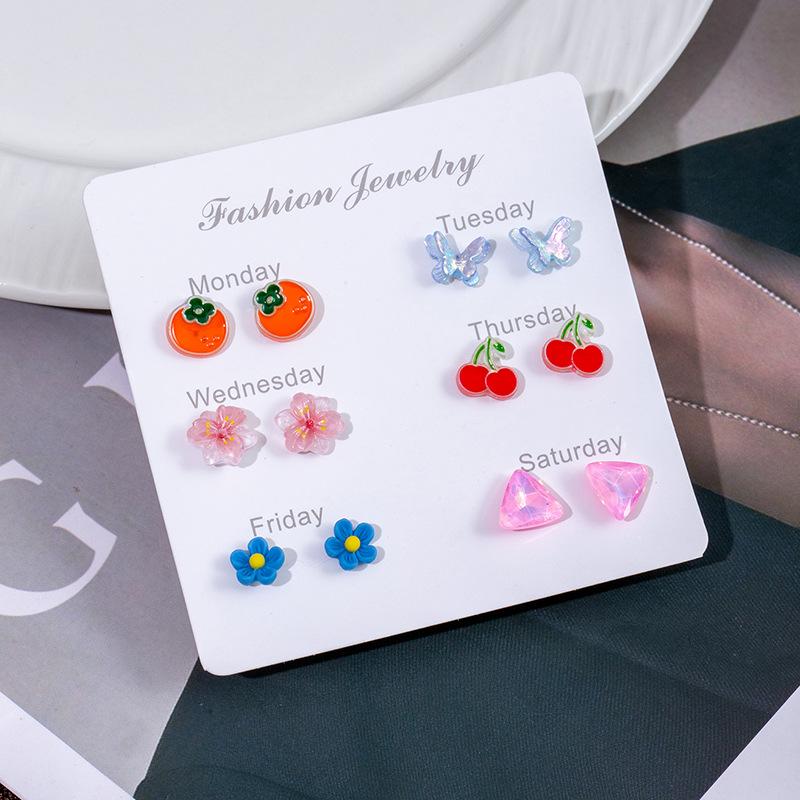Delicate Small Fresh Week Stud Earrings Set Cute Cartoon Candy Watermelon Butterfly Imitation Silver Needle Small Daily Earrings