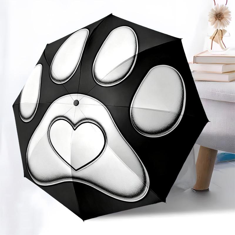 1pc Paw Print Heart Automatic Folding Umbrella, Heavy Duty 8 Rib Iron Frame, Suitable for Travel, Daily Use, Birthday, Decor Gift m0105102