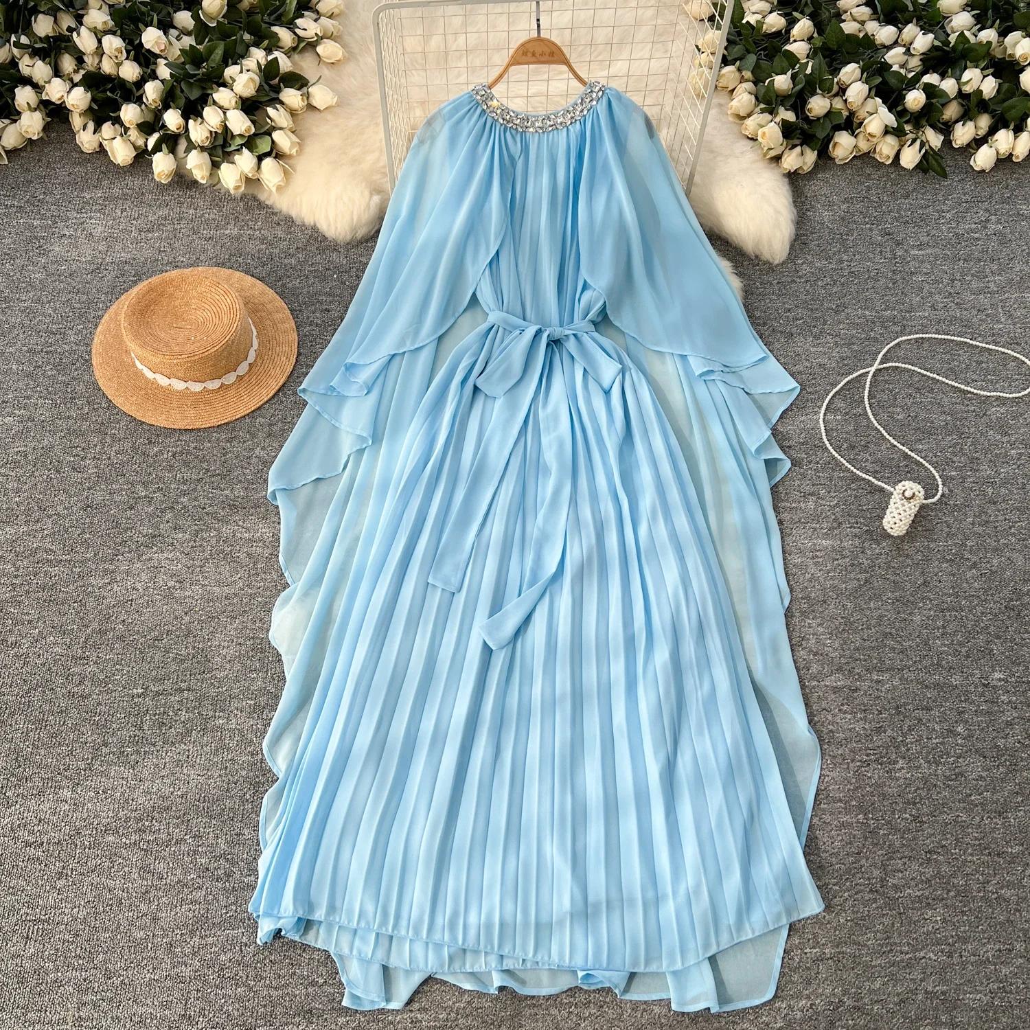 

Элегантный горный хрусталь О-образный вырез шнуровка винтажный плащ рукав шикарный шифон тонкий длинный плиссированные платья мода женщины High Street одежда One Size синий