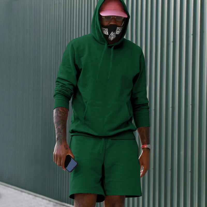 Men's Fleece Hoodie Shorts Two-piece Loose Solid Color Casual Sports Men's Suit